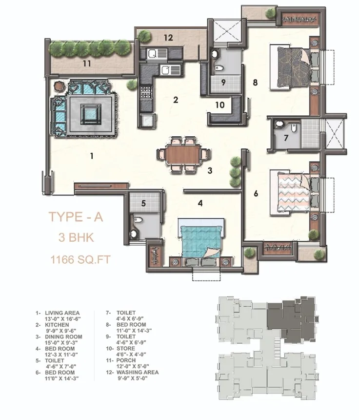 3 BHK Type A Floor Plan