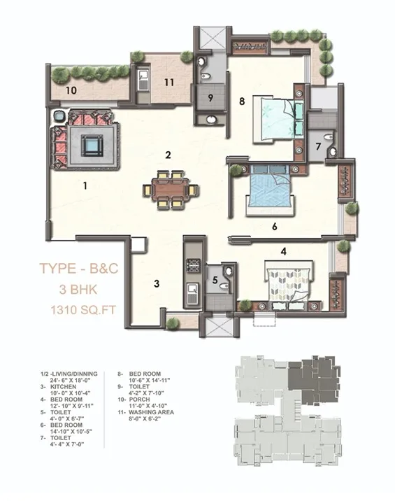 3 BHK Type B & C Floor Plan