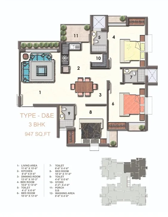 3 BHK Type D & E Floor Plan