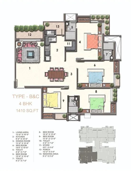 4 BHK Type B & C Floor Plan